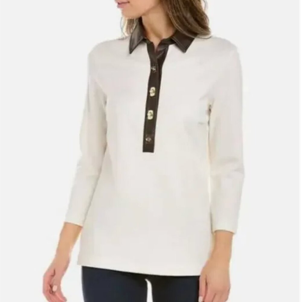 J McLaughlin Nadine 3/4 Sleeve Faux Leather Trim Henley Neck Top Size M
